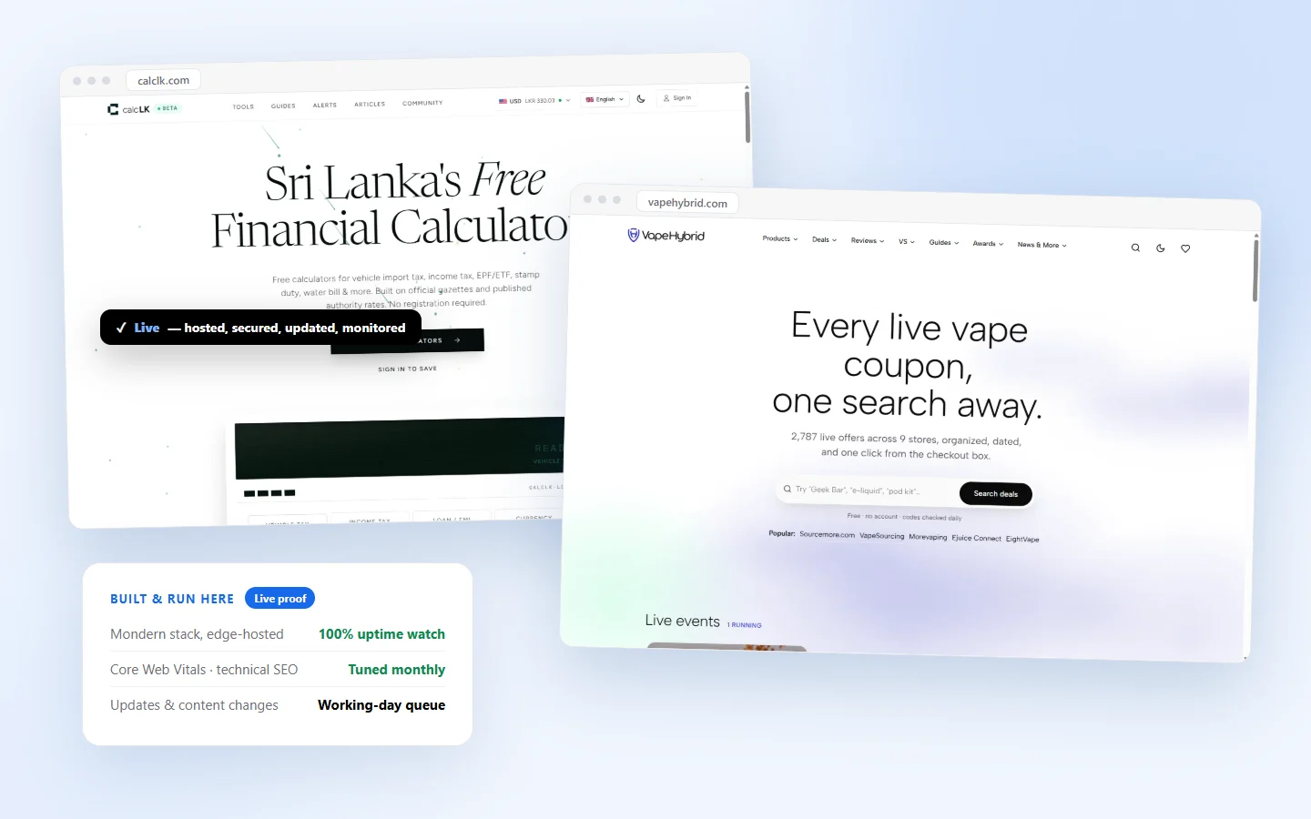 Two live websites managed by Optimize Manager — calclk.com and vapehybrid.com shown in browser frames with uptime and maintenance stats