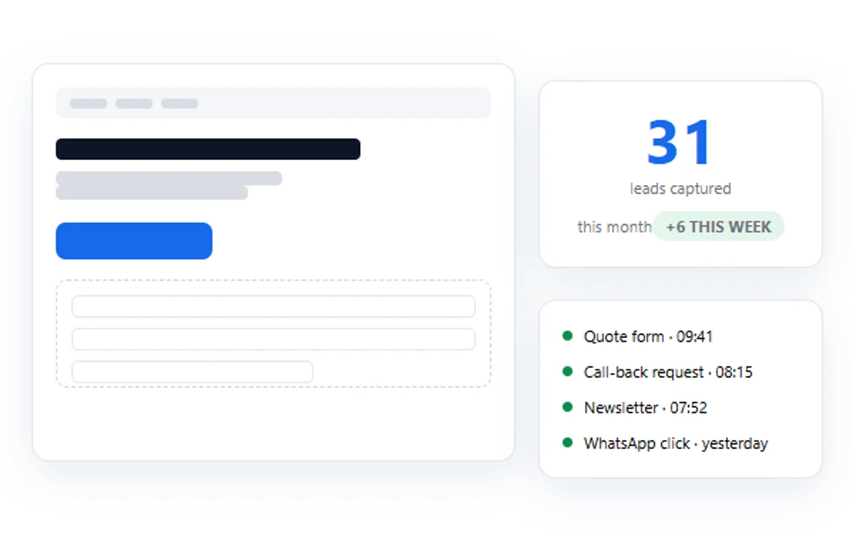 Lead capture engine — a landing page with a working form feeding a live counter of captured enquiries