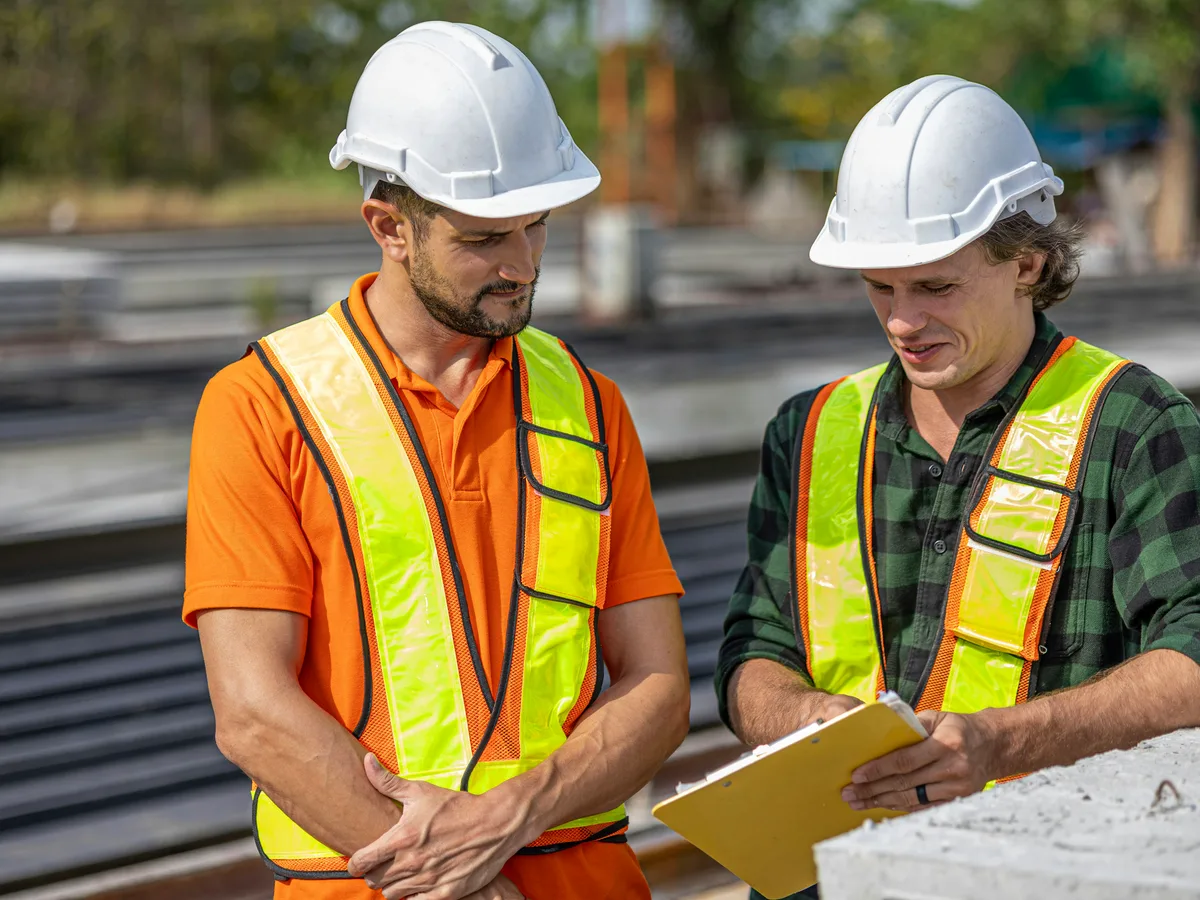 Two tradespeople in hi-vis reviewing plans together on site
